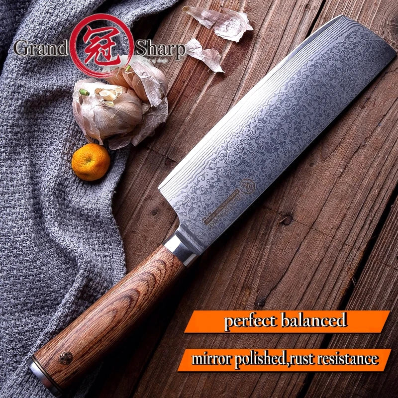 GrandSharp 6.7" VG-10 Damascus Nakiri Knife | Japanese Steel Damascus Nakiri Knife Axl