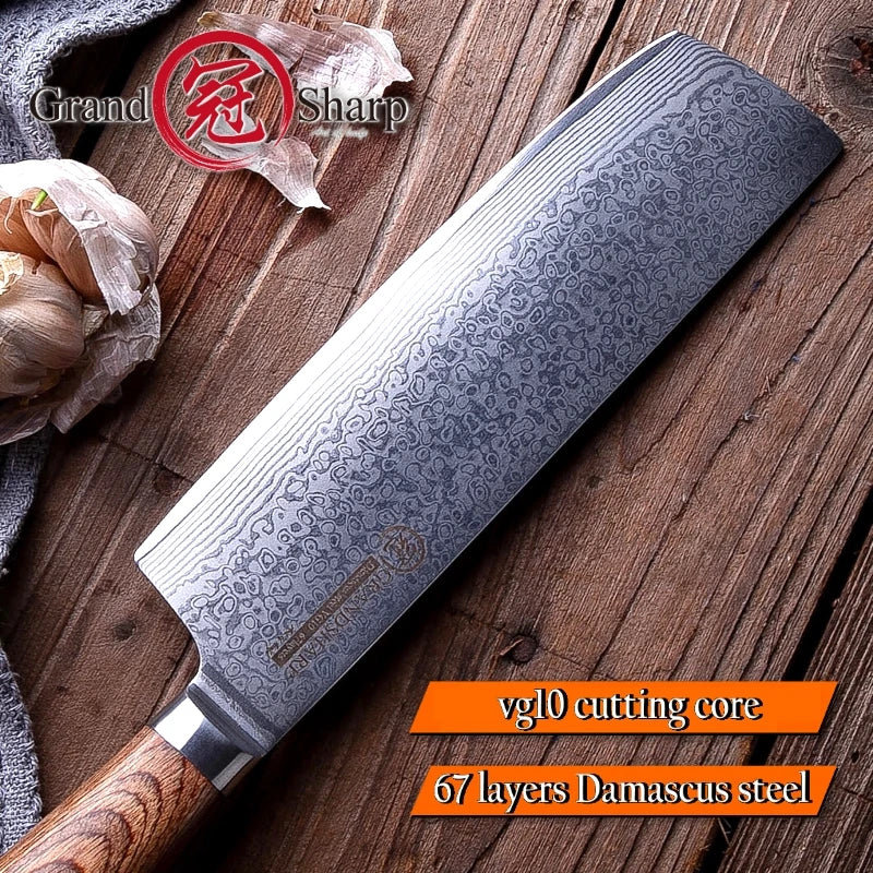 GrandSharp 6.7" VG-10 Damascus Nakiri Knife | Japanese Steel Damascus Nakiri Knife Axl