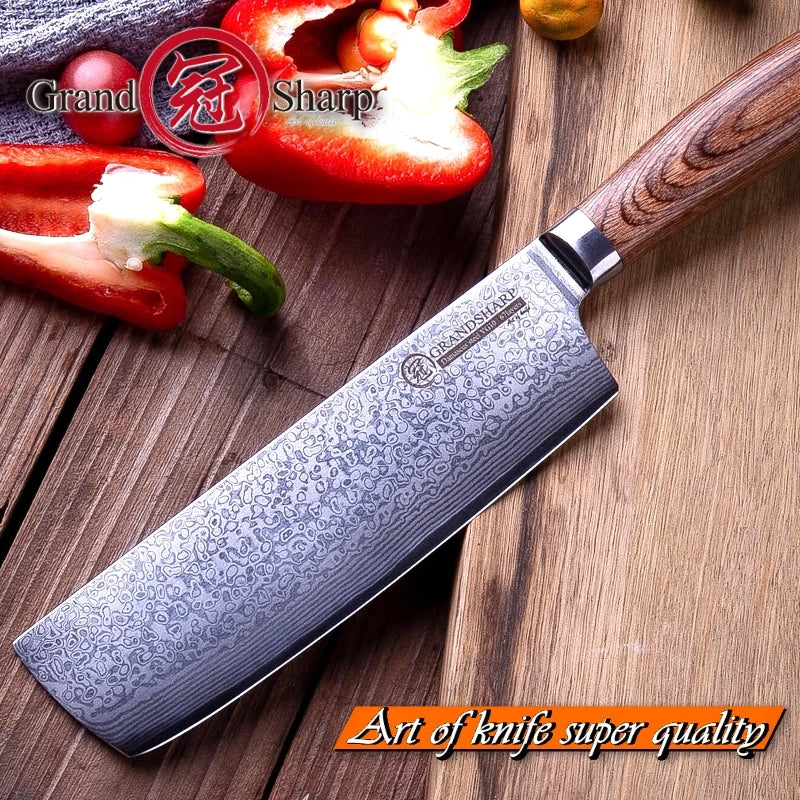 GrandSharp 6.7" VG-10 Damascus Nakiri Knife | Japanese Steel Damascus Nakiri Knife Axl