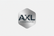A centered metallic hexagonal badge with the text 'AXL COMMERCCE' in dark navy on a light gray background.