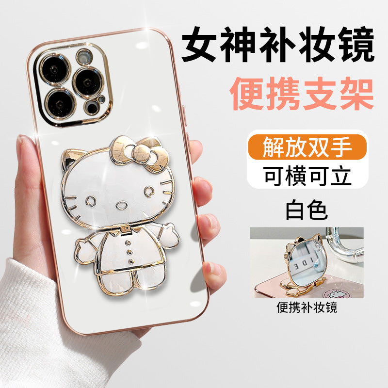 Cute Cat Phone Case for iPhone 14/15 Pro Max with Stand Axl -Straight edge plating-white [K cat makeup mirror bracket]] / iPhone 11