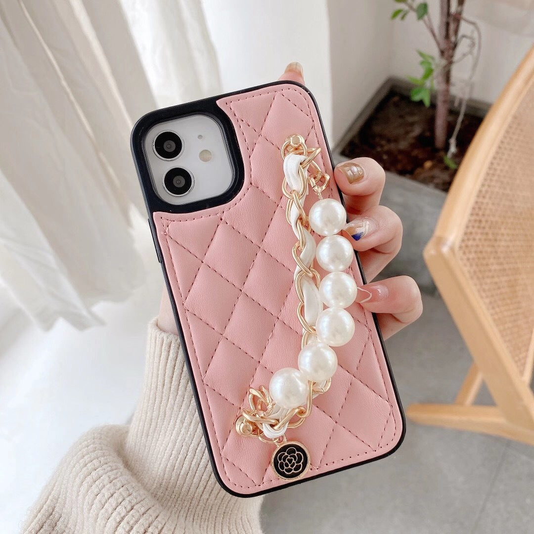 Pearl Bracelet Leather Phone Case – Full Cover Wrist Strap