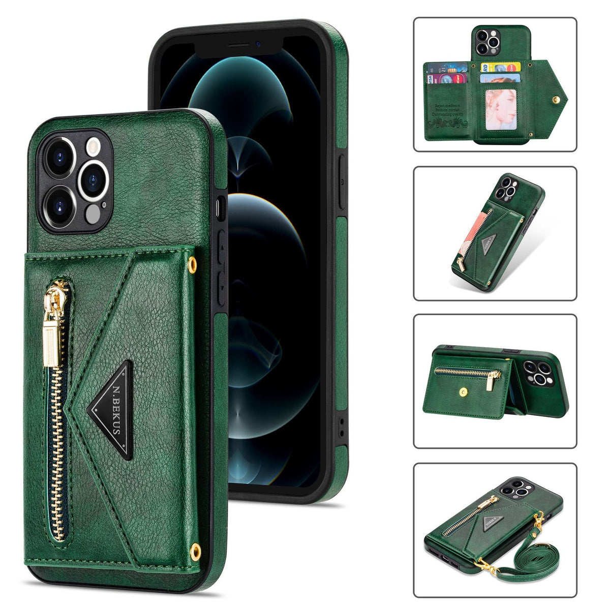 Crossbody Phone Case Leather Strap & Card Slot | Apple Crossbody Phone Case Axl Green / IPhone14pro