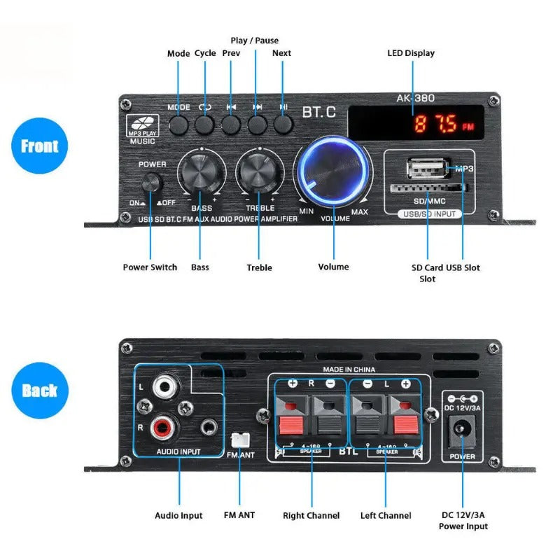 AK380 Bluetooth Car Home 12V Power Amplifier Device Axl