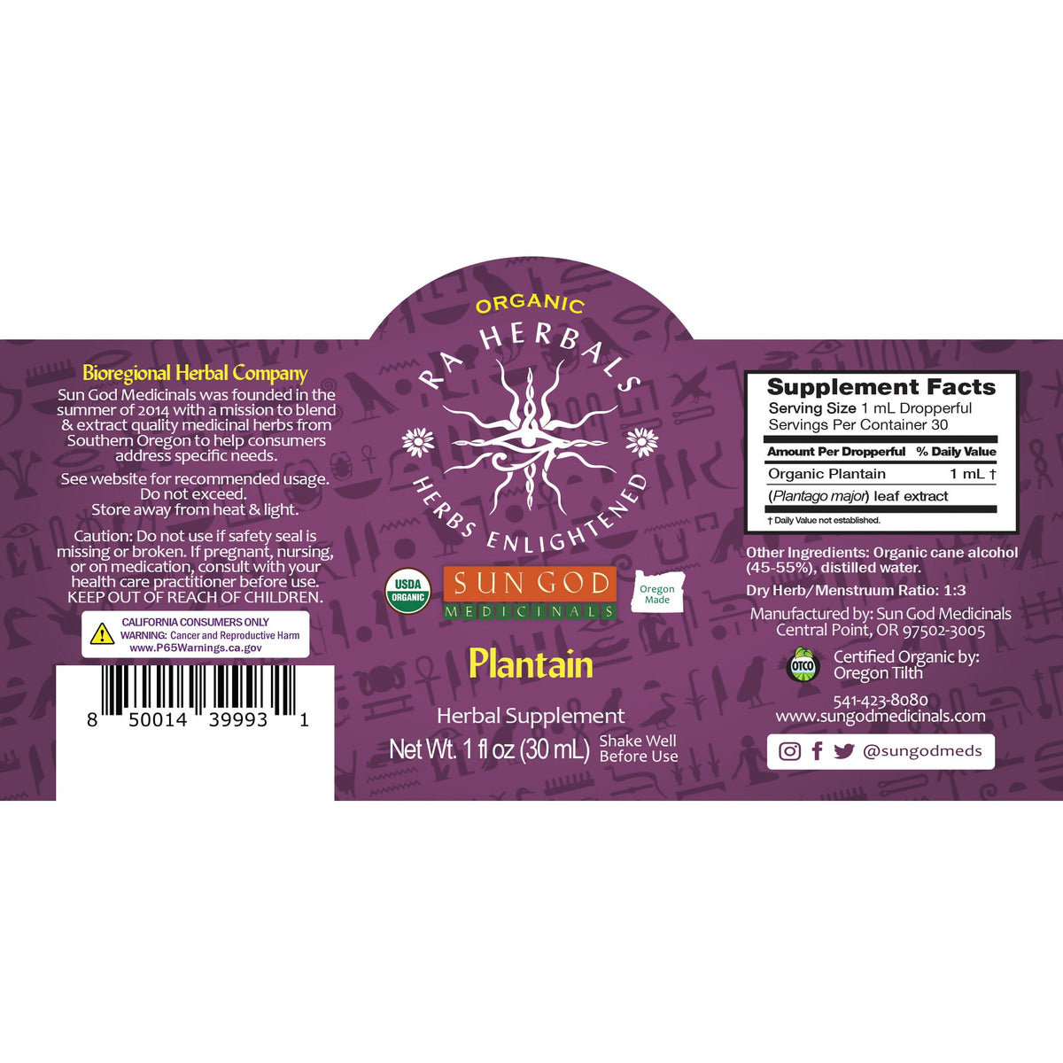 Ra Herbals Certified Organic Plantain Tincture Axl